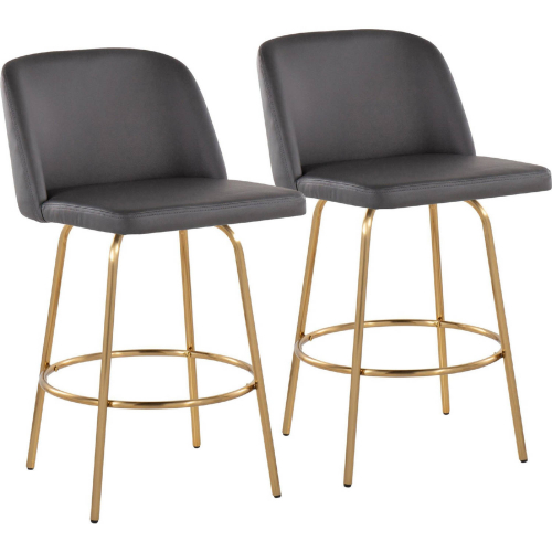 Toriano 26" Swivel Counter Stool in Grey Leatherette & Gold w/ Round Footrest (Set of 2)